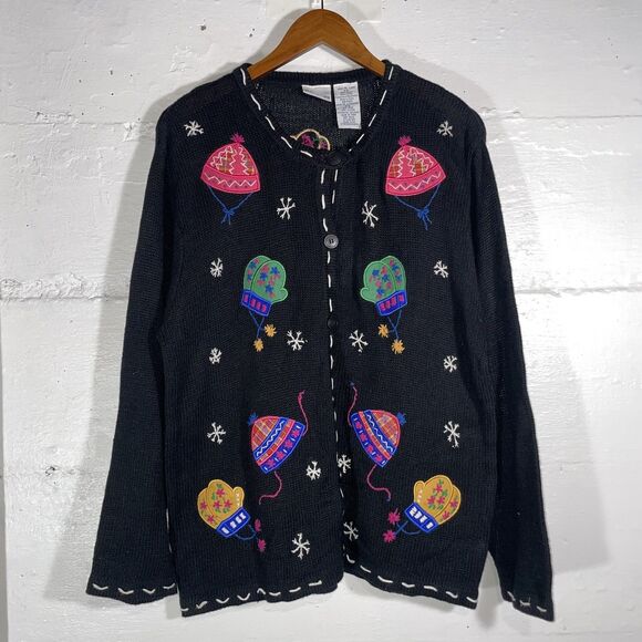 Vintage Bobbie Brooks Black Holiday Sweater XL Mittens Hats Embroidered Cardigan - Picture 2 of 9